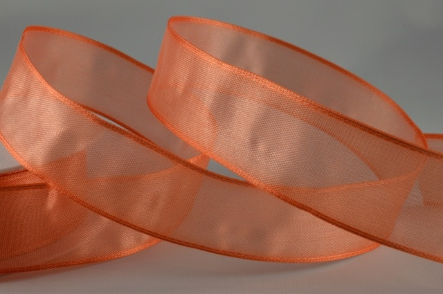 Y379 - 25mm Wired Sheer Ribbon-25mm-25 Peach Orange-25 Metres