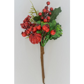 22053 - Green leaves and Red berries - floral pick.  Measures  Height 230mm  ,   Width  140mm 