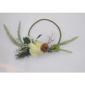 22081 -  Beautiful Cream flower in a wintery wreath with a display of snowy pine needles, cones, berries and green leaves. Floral decoration.  Size   Approx 24cm dia