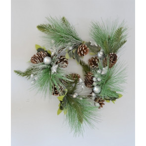 22084 - Small Wintery hanging wreath with frosted pine cones and sparkly baubles.     Approx Size:  30cm Dia