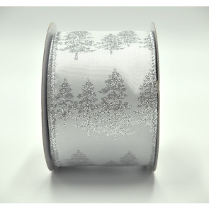 46062 - 63mm White Bright and Silver Sparkly Lurex wired edge ribbon with a Christmas tree wintery design x 10mts