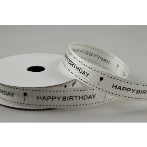 55112 - 16mm Cream & Black Grosgrain Happy Birthday Printed Ribbon x 10 Metre Rolls!