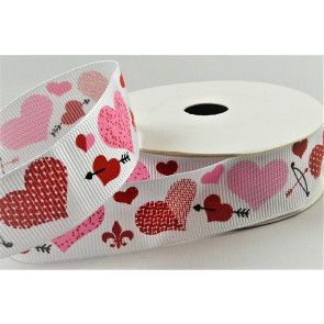 55137 - 22mm White grosgrain ribbon printed with a Love Hearts and Cupid Arrow design x 10mts.